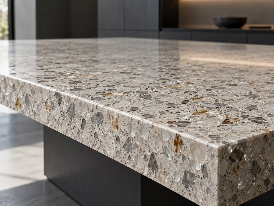 AI application illustration of a polished decorative countertop with visible glass aggregate and a finished front edge