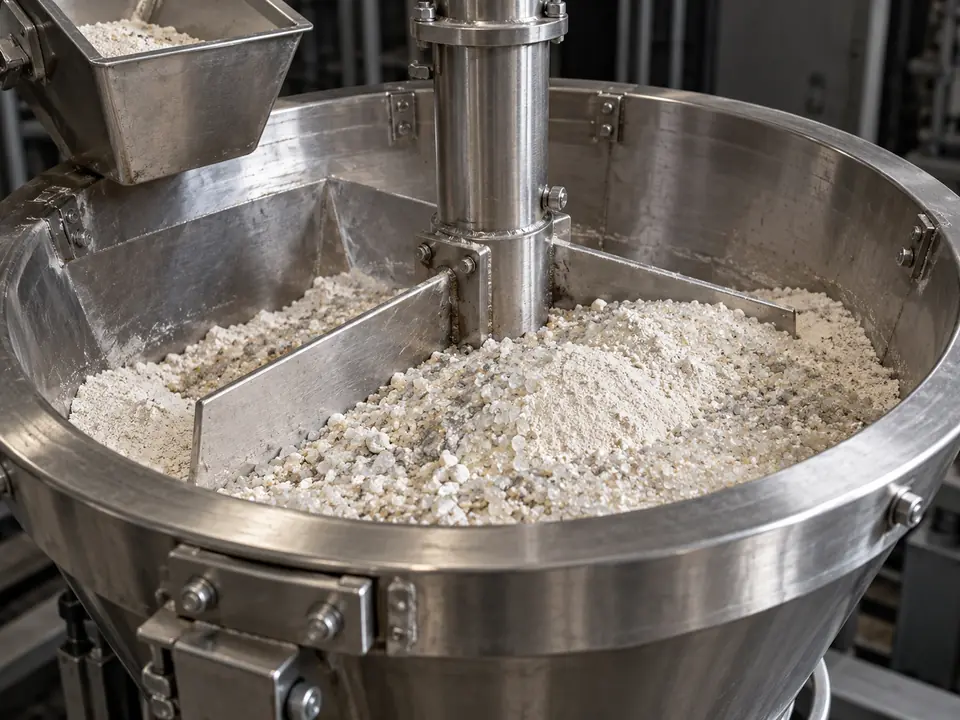 AI application illustration of granules and powder in a stainless steel industrial mixing vessel with a stationary paddle