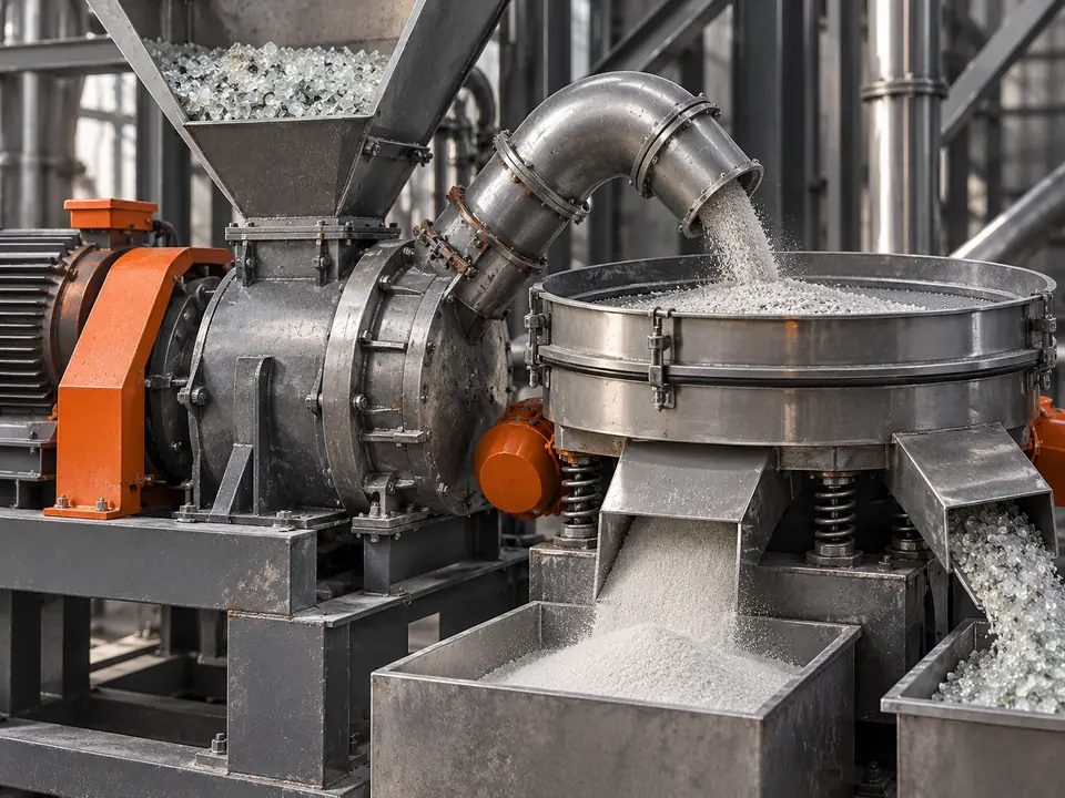 Illustrative grinding and sieving equipment processing glass grains into finer material