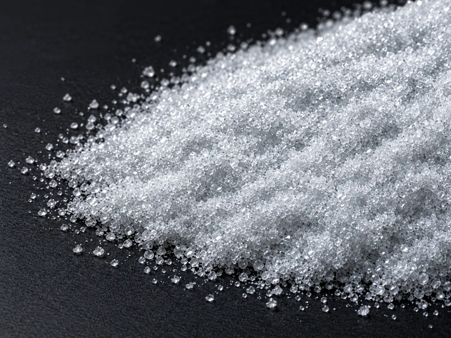 Translucent angular glass sand grains on graphite