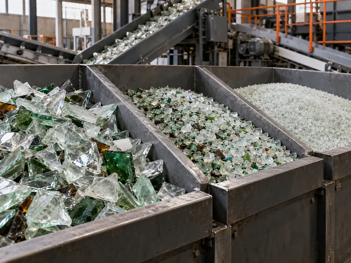 AI illustration of recovered glass fragments, separated cullet and finer granules in steel bins