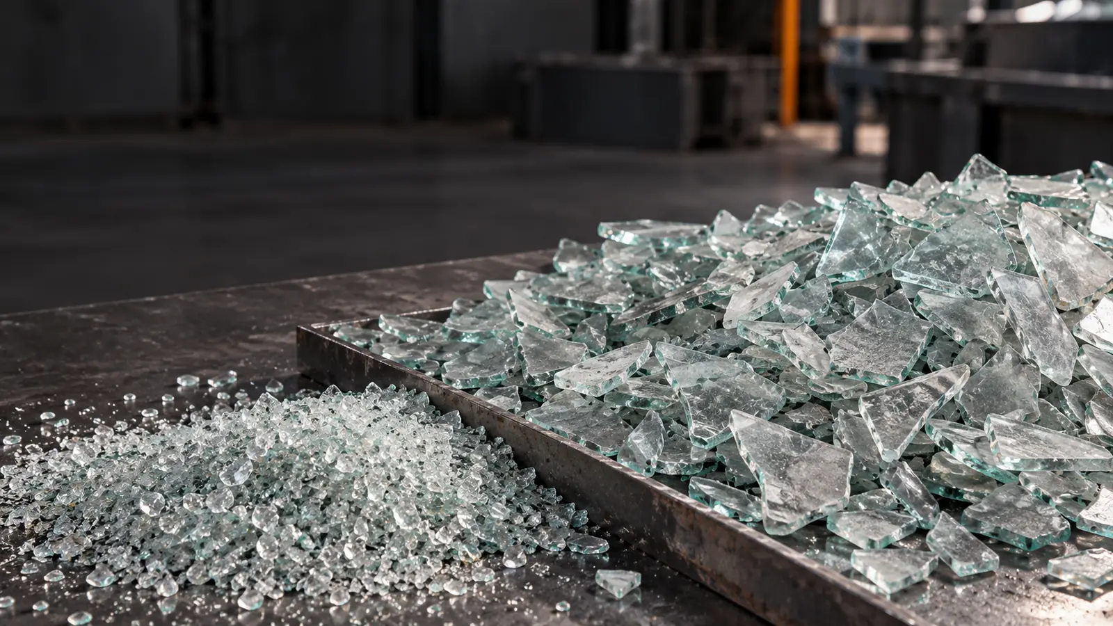 AI material illustration of recovered pale green glass fragments beside prepared finer glass granules