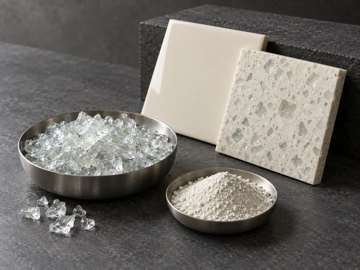 AI concept illustration of glass grains and pale powder beside ceramic and decorative surface samples on a graphite worktop